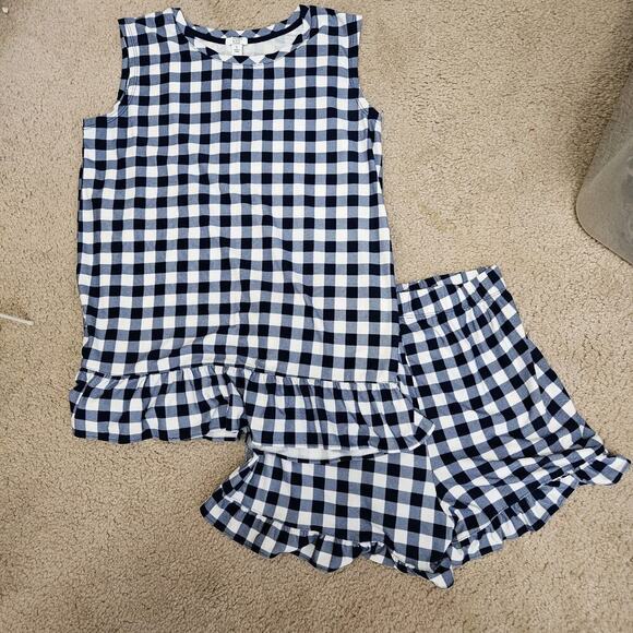 Crown & Ivy Ruffle Checked PJ Set Blue & White 2pc Tank Top Shorts Womens Sz S - Picture 1 of 7